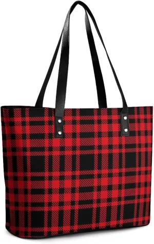 Women Tartan Plaid Red Top Handle Satchel Leather Hobo Handbag Large Volume Sling Shoulder Bag for Travel Work Shopping Multi Pockets Tote Purse