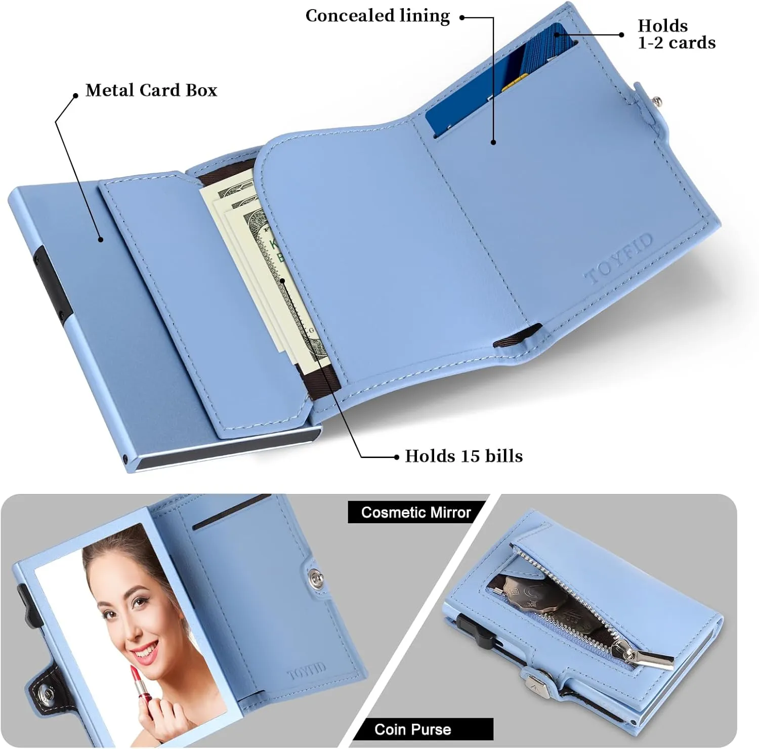 Women Wallet with Card Holder, Small Pretty Wallet with Mirror for Women,Pop Up Card Holder Wallet, Tri-fold Genuine Leather Wallet Women with Mirror, Compact Wallet for Traveling (Blue)