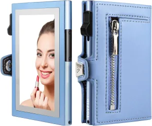 Women Wallet with Card Holder, Small Pretty Wallet with Mirror for Women,Pop Up Card Holder Wallet, Tri-fold Genuine Leather Wallet Women with Mirror, Compact Wallet for Traveling (Blue)
