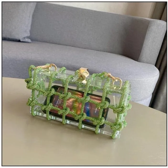 Women's Acrylic Evening Bag Clear Shoulder Bag Rhinestone Clutch Purses Drawstring Box Handbag for Party Wedding Prom