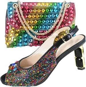 Women’s African Themed Wedding Shoes and Matching Purse Set Pointed Toe Comfortable Heels for Bride and Bridesmaids