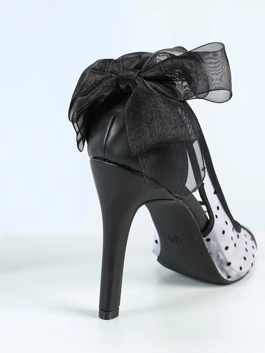 Women's Black and White Polka-Dot Mesh Pointed-Toe High-Heel Sandals with Black Leather Accents and Bow Decoration, Elegant Evening Shoes, Trendy Party Footwear, Chic Peep-Toe Heels