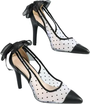 Women's Black and White Polka-Dot Mesh Pointed-Toe High-Heel Sandals with Black Leather Accents and Bow Decoration, Elegant Evening Shoes, Trendy Party Footwear, Chic Peep-Toe Heels