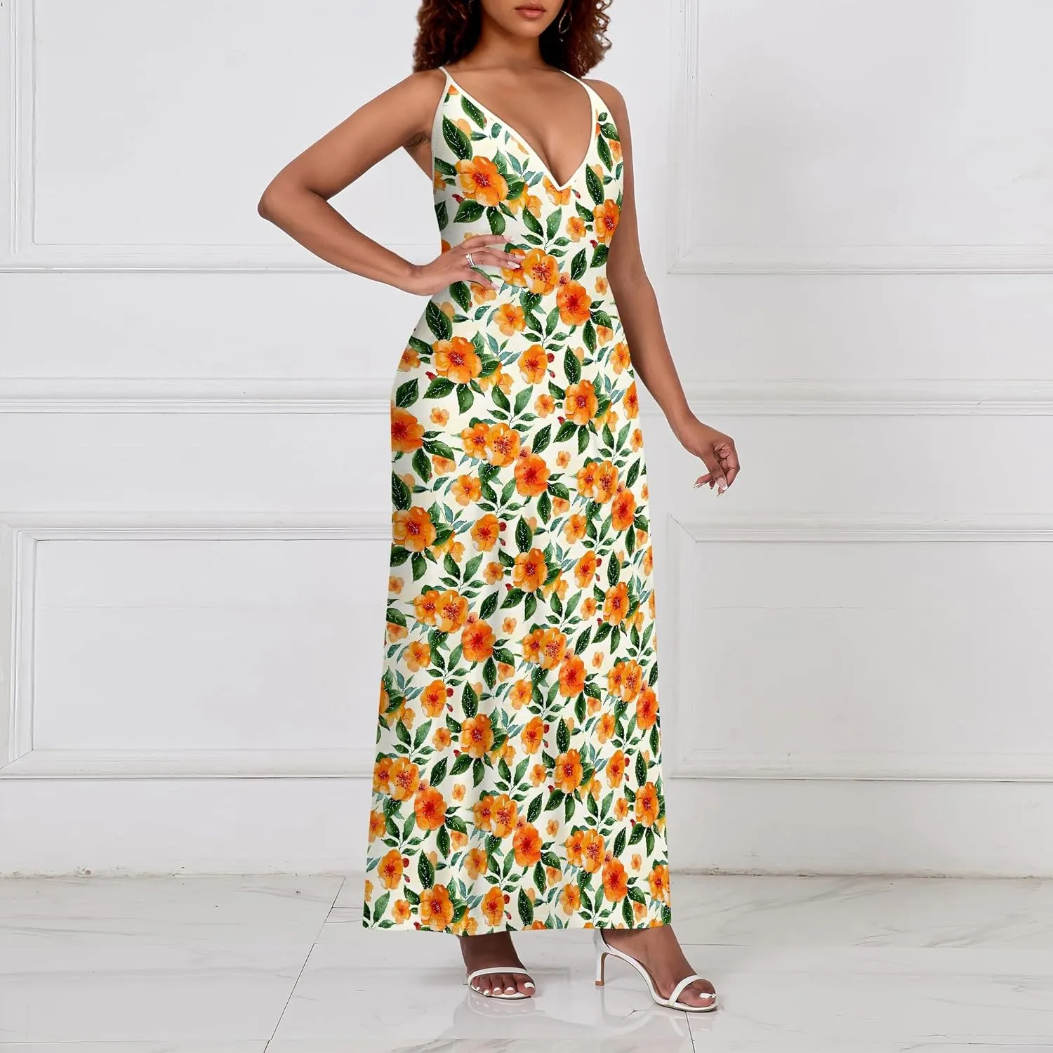Women's Boho Ankle-Length Spaghetti Strap Sexy V-Neck Maxi Dress Summer Beach Vacation Cocktail Party Dress XS-3XL