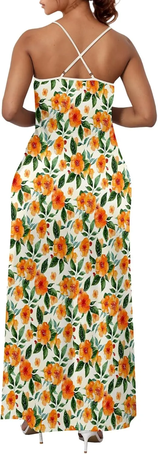 Women's Boho Ankle-Length Spaghetti Strap Sexy V-Neck Maxi Dress Summer Beach Vacation Cocktail Party Dress XS-3XL