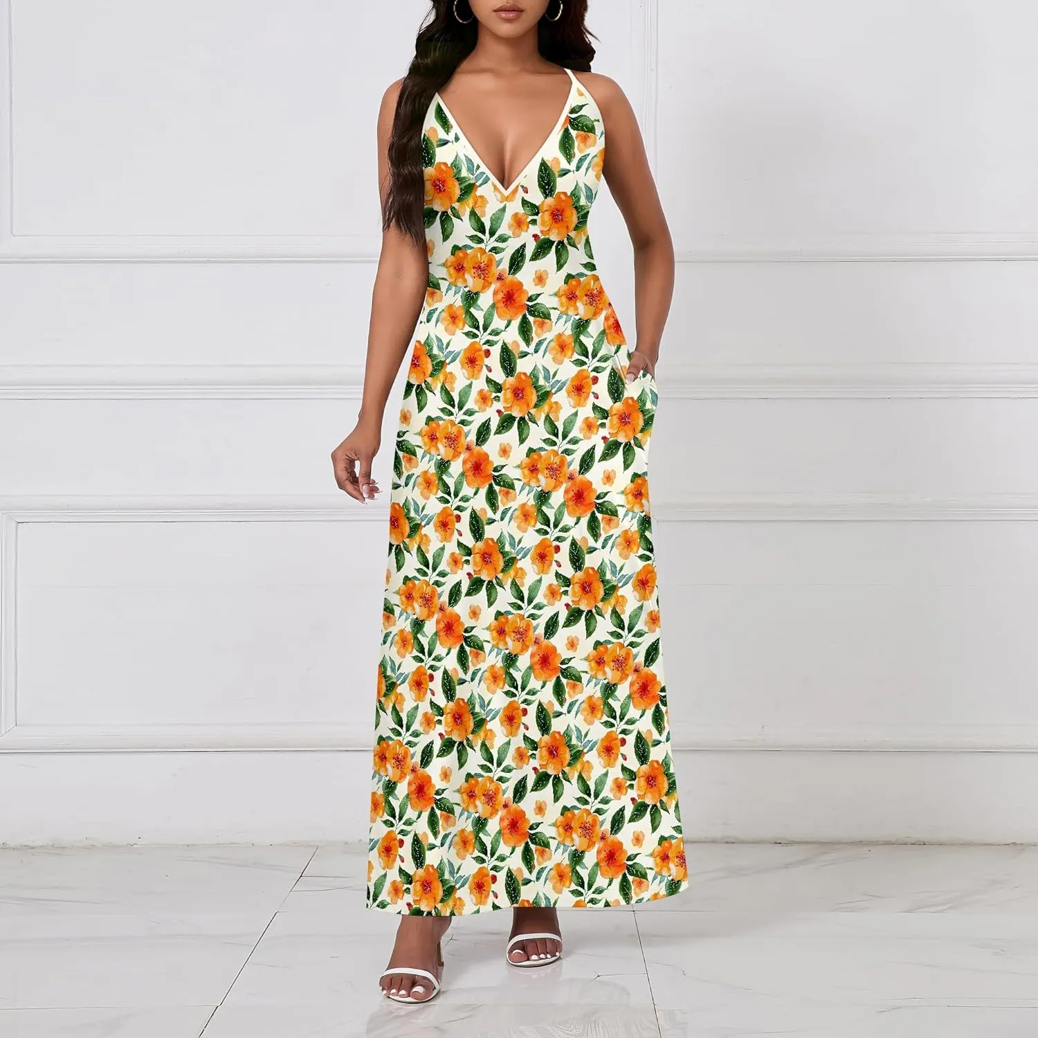 Women's Boho Ankle-Length Spaghetti Strap Sexy V-Neck Maxi Dress Summer Beach Vacation Cocktail Party Dress XS-3XL