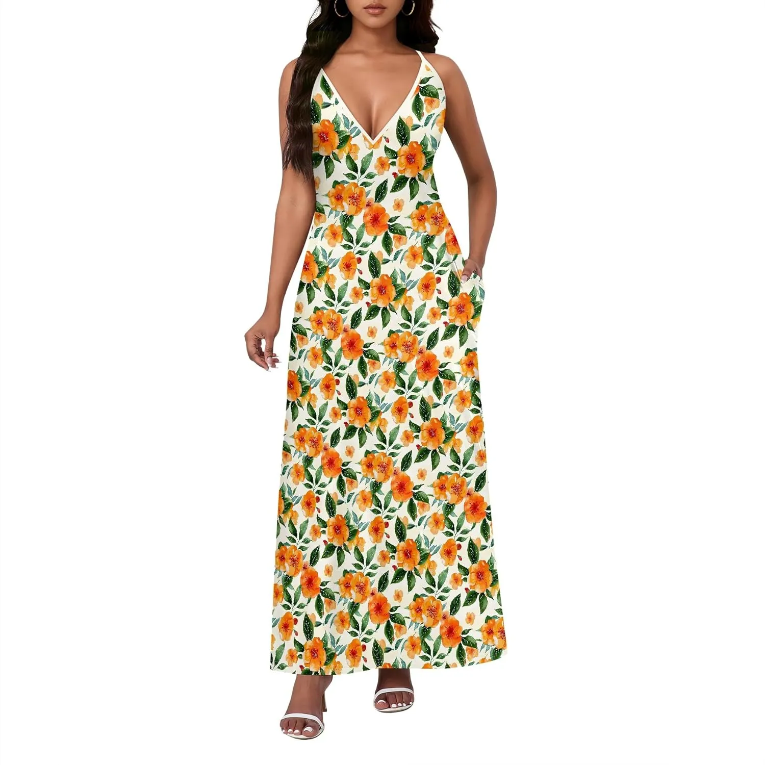 Women's Boho Ankle-Length Spaghetti Strap Sexy V-Neck Maxi Dress Summer Beach Vacation Cocktail Party Dress XS-3XL