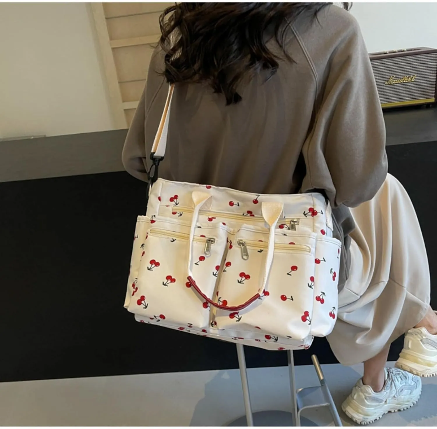 Women's Cherry Print Tote Bag Large Capacity Nylon Crossbody Shoulder Bag with Multiple Pockets for Work, Travel & Daily Use