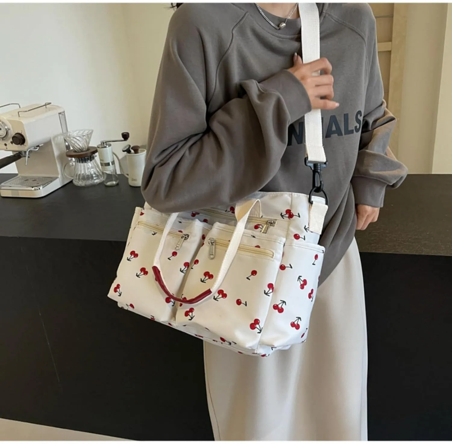 Women's Cherry Print Tote Bag Large Capacity Nylon Crossbody Shoulder Bag with Multiple Pockets for Work, Travel & Daily Use