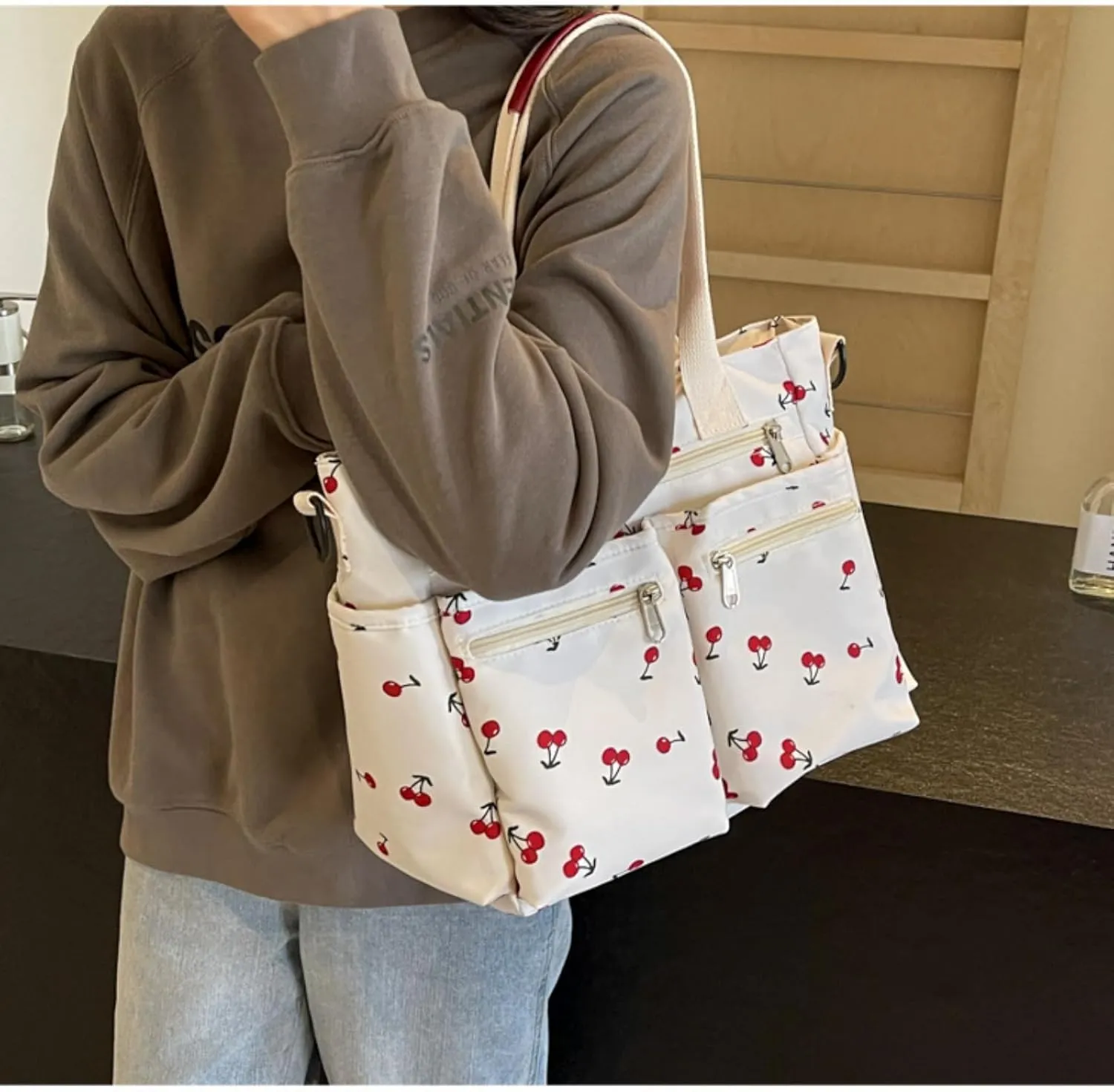 Women's Cherry Print Tote Bag Large Capacity Nylon Crossbody Shoulder Bag with Multiple Pockets for Work, Travel & Daily Use