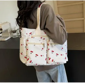 Women's Cherry Print Tote Bag Large Capacity Nylon Crossbody Shoulder Bag with Multiple Pockets for Work, Travel & Daily Use