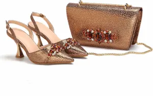 Womens Designer Nigerian Party Shoes and Purse Matching Set with Shinning Rhinestones Wedding High Heels Formal Wear