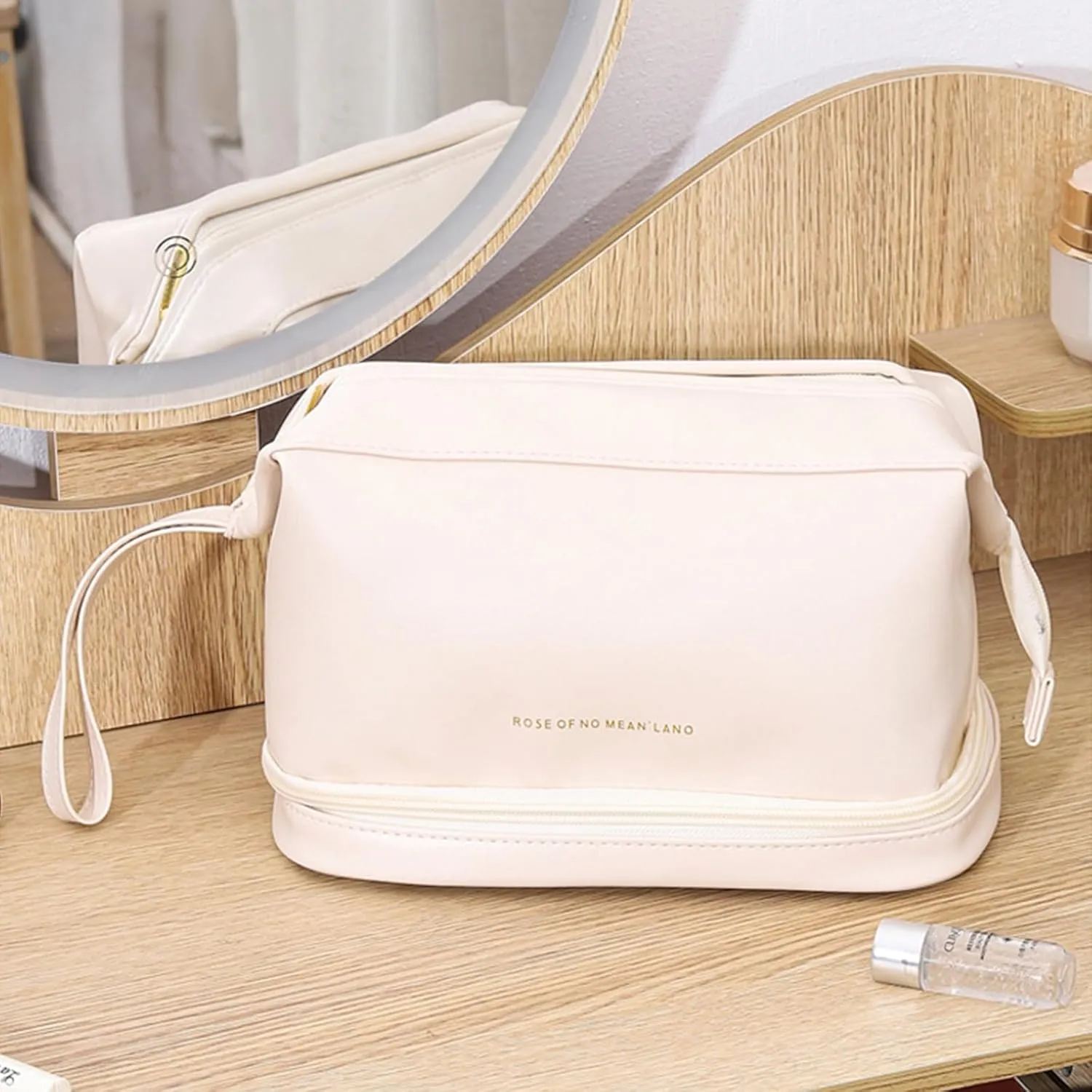 Women's Double-layer Makeup Bag, Large Capacity Main Bag, Lower Makeup Brush Storage Bag with Inner Pocket Cosmetic Organizer Travel Bag PU Leather