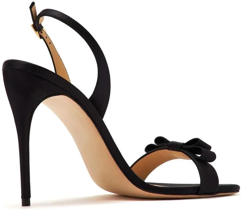 Women's Elegant Bow Knot Strap High Heel Sandals Black Satin Stiletto Heels Formal Dress Shoes for Weddings Parties Evening Events