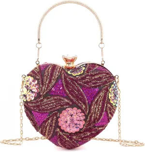 Womens Elegant Heart Type Evening Bag Shiny Rhinestone Clutch Purse Party Wedding Prom Handbag Chain Shoulder Bag