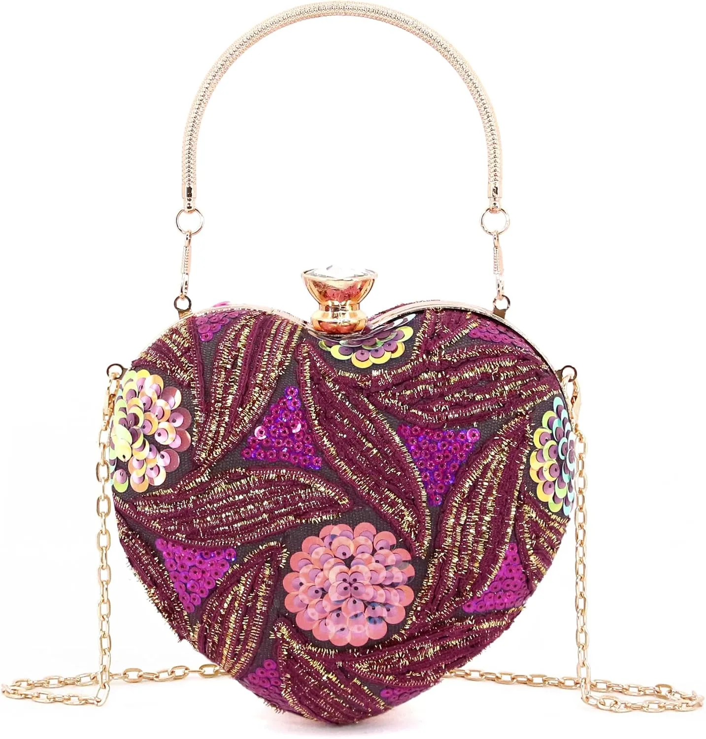 Womens Elegant Heart Type Evening Bag Shiny Rhinestone Clutch Purse Party Wedding Prom Handbag Chain Shoulder Bag