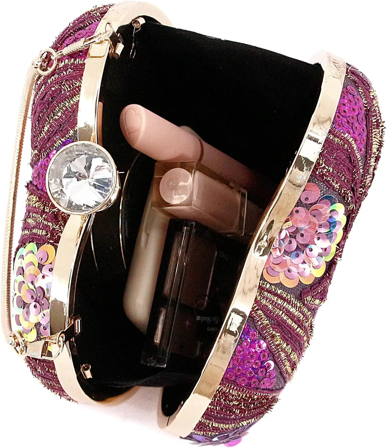 Womens Elegant Heart Type Evening Bag Shiny Rhinestone Clutch Purse Party Wedding Prom Handbag Chain Shoulder Bag