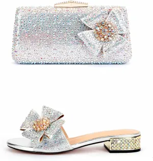 Womens Evening Shoes Bag Set Rhinestone Luxury Clutch Flat Heel Crystal Plus Size Slippers 34-44 Dinner Bag