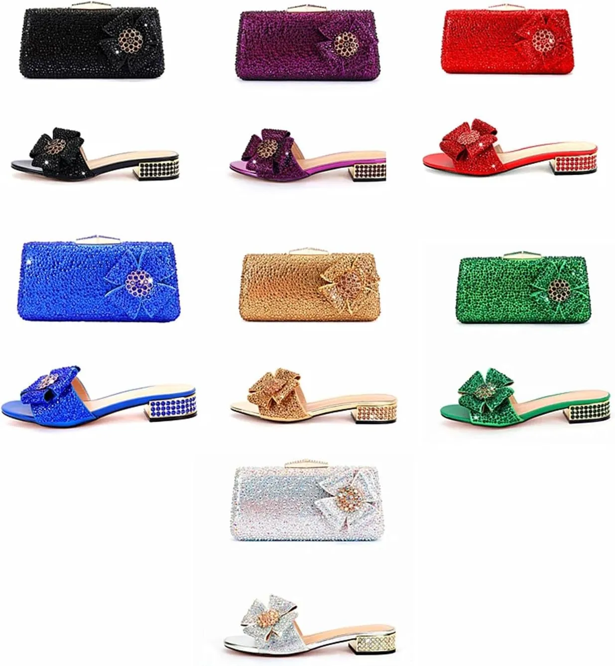 Womens Evening Shoes Bag Set Rhinestone Luxury Clutch Flat Heel Crystal Plus Size Slippers 34-44 Dinner Bag