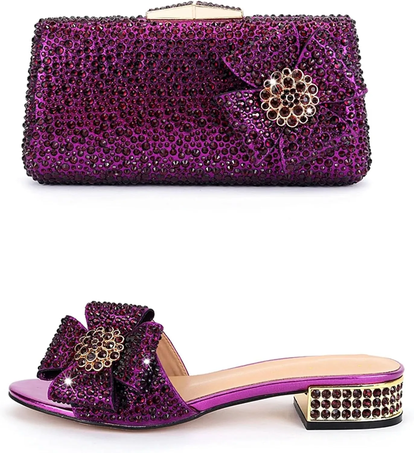 Womens Evening Shoes Bag Set Rhinestone Luxury Clutch Flat Heel Crystal Plus Size Slippers 34-44 Dinner Bag