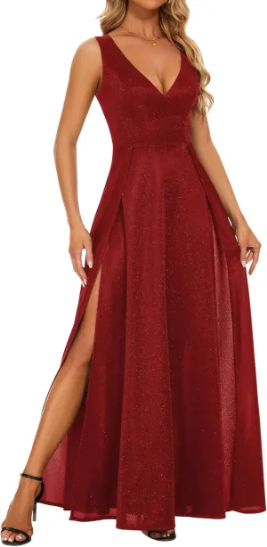 Women's Formal Dresses Wedding Guest Prom Party Dress Sexy High Slit Sleevelesss Deep V Neck Glitter Elegant Bridesmaid Evening Gown Gala Dress Burgundy XL