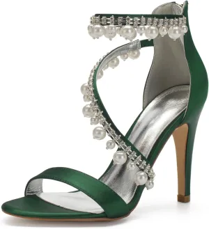 Women's High Heel Sandals Open Toe Ankle Strap Satin Crystal Wedding Shoes for Bride Formal Prom Party Dress Shoes Pump Sandals