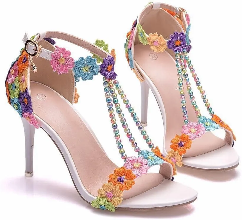 Women's High Heels Flower Ankle Strap Stilettos Round Open Toe Dressy Sexy Sandals