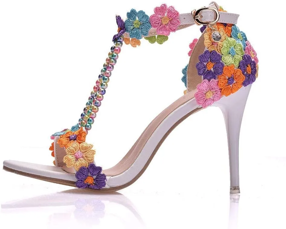 Women's High Heels Flower Ankle Strap Stilettos Round Open Toe Dressy Sexy Sandals