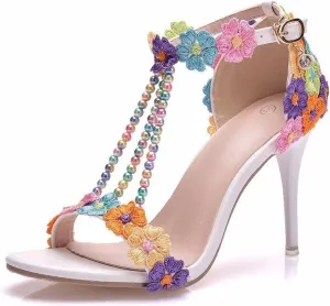 Women's High Heels Flower Ankle Strap Stilettos Round Open Toe Dressy Sexy Sandals