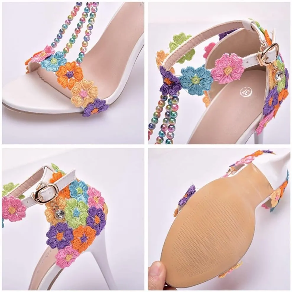 Women's High Heels Flower Ankle Strap Stilettos Round Open Toe Dressy Sexy Sandals
