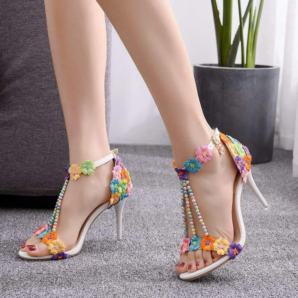 Women's High Heels Flower Ankle Strap Stilettos Round Open Toe Dressy Sexy Sandals