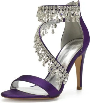 Women's High Heels Sandals Rhinestones Tassel Wedding Shoes for Bride Open Toe Zipper Back Formal Evening Party Dress Pumps