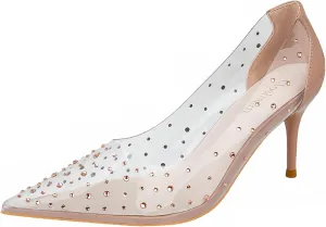 Women's Rhinestones Clear Leather Stiletto Pumps Fashion Comfort Closed Pointed Toe Slip On High Heels Sandals for Party Prom Date Dress Shoes