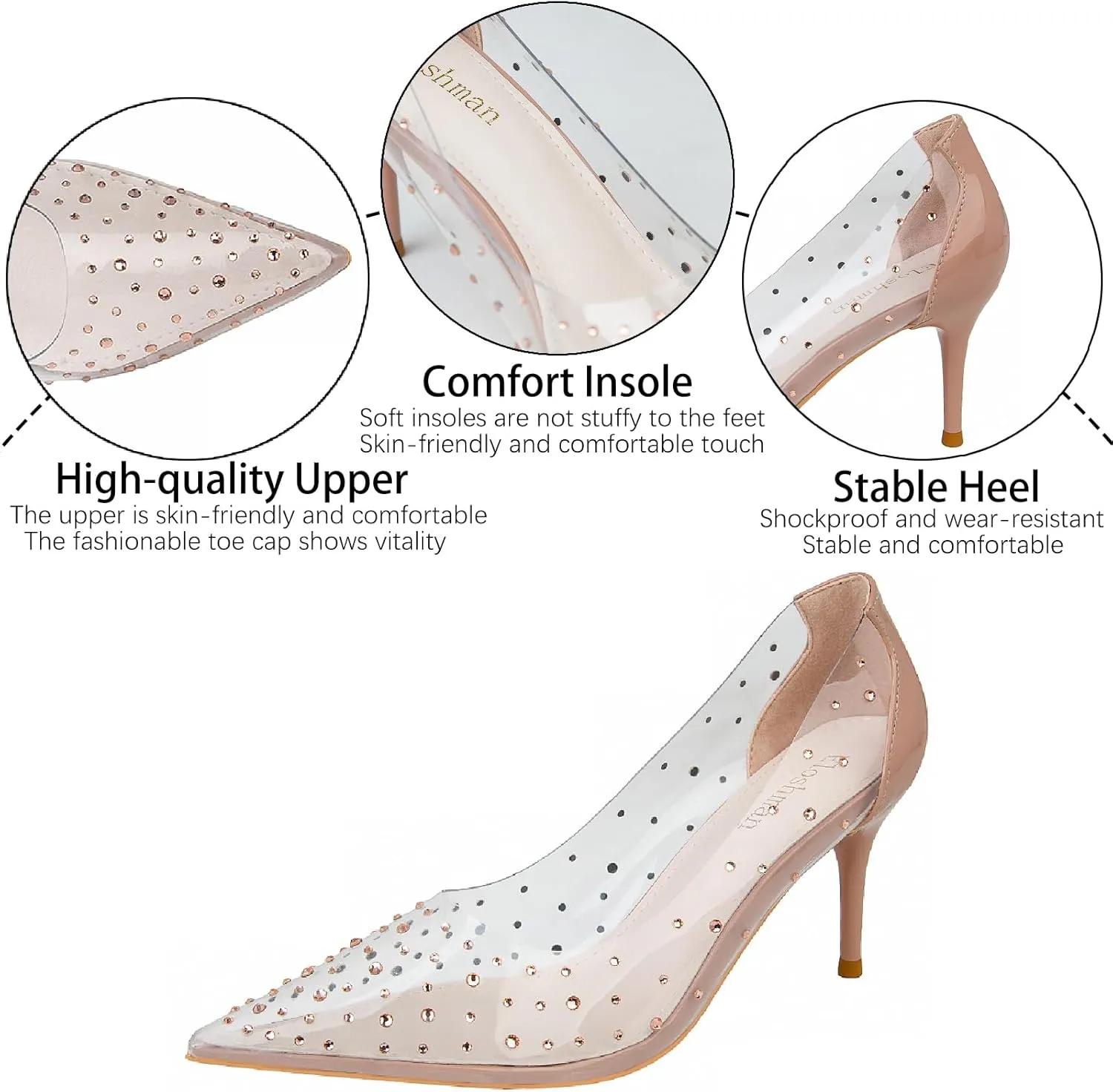 Women's Rhinestones Clear Leather Stiletto Pumps Fashion Comfort Closed Pointed Toe Slip On High Heels Sandals for Party Prom Date Dress Shoes