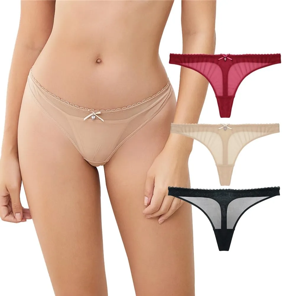 Women's Sexy Sheer Panties Thongs Mesh G-Strings Low Rise Brief Underwear, 3-Pack