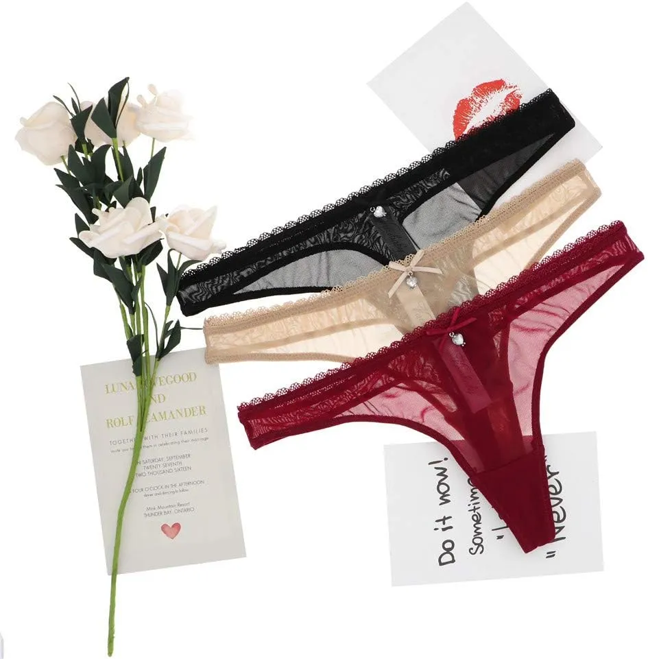 Women's Sexy Sheer Panties Thongs Mesh G-Strings Low Rise Brief Underwear, 3-Pack