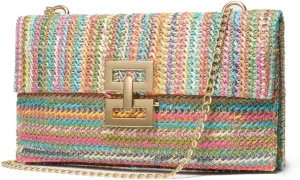 Women's Shoulder Straw Bag, Boho Tote Handbag, Beach Straw Clutch Purse with Chain Strath, Crossbody Bag for Summer Evening