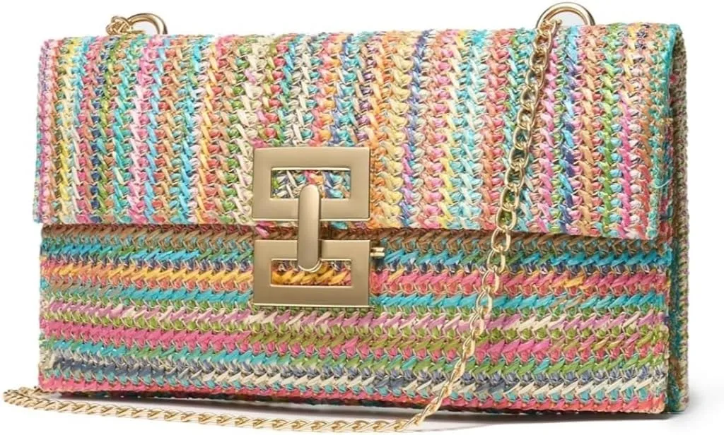 Women's Shoulder Straw Bag, Boho Tote Handbag, Beach Straw Clutch Purse with Chain Strath, Crossbody Bag for Summer Evening