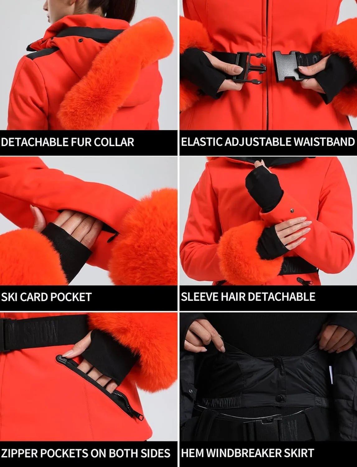 Women's Ski Jacket Snowboard Warm Winter Short Slim Snow Coat Jacket Mountain Windproof Waterproof Insulated Hooded