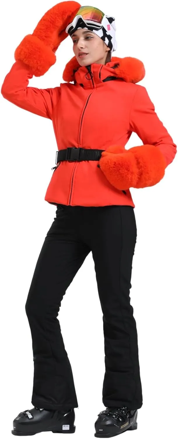 Women's Ski Jacket Snowboard Warm Winter Short Slim Snow Coat Jacket Mountain Windproof Waterproof Insulated Hooded