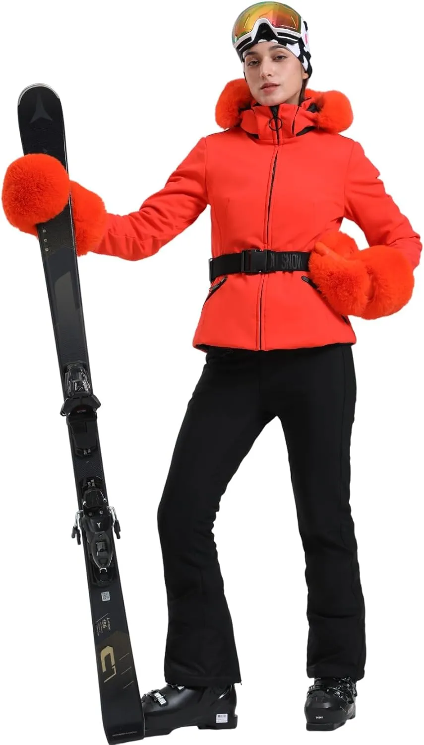 Women's Ski Jacket Snowboard Warm Winter Short Slim Snow Coat Jacket Mountain Windproof Waterproof Insulated Hooded