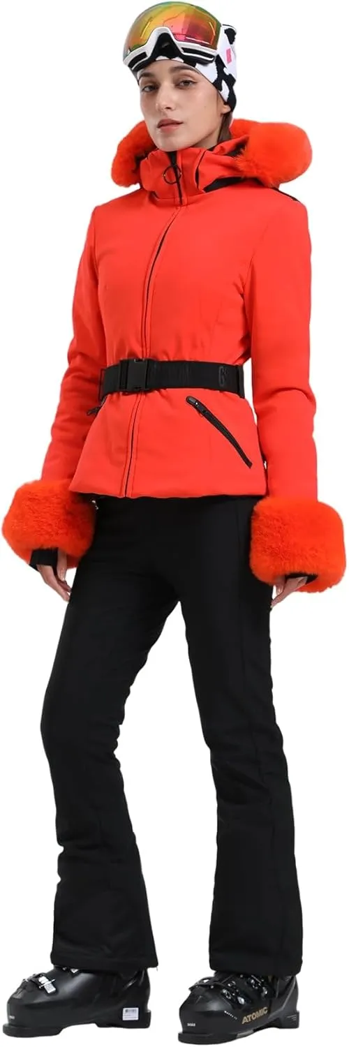 Women's Ski Jacket Snowboard Warm Winter Short Slim Snow Coat Jacket Mountain Windproof Waterproof Insulated Hooded