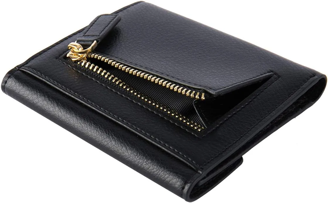 Women's Small Compact Bifold Pocket Wallet, Made of Finest Genuine Leather (Black)