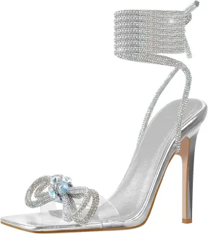 Women's Square Toe Clear Rhinestone Heels with Crystal Bow