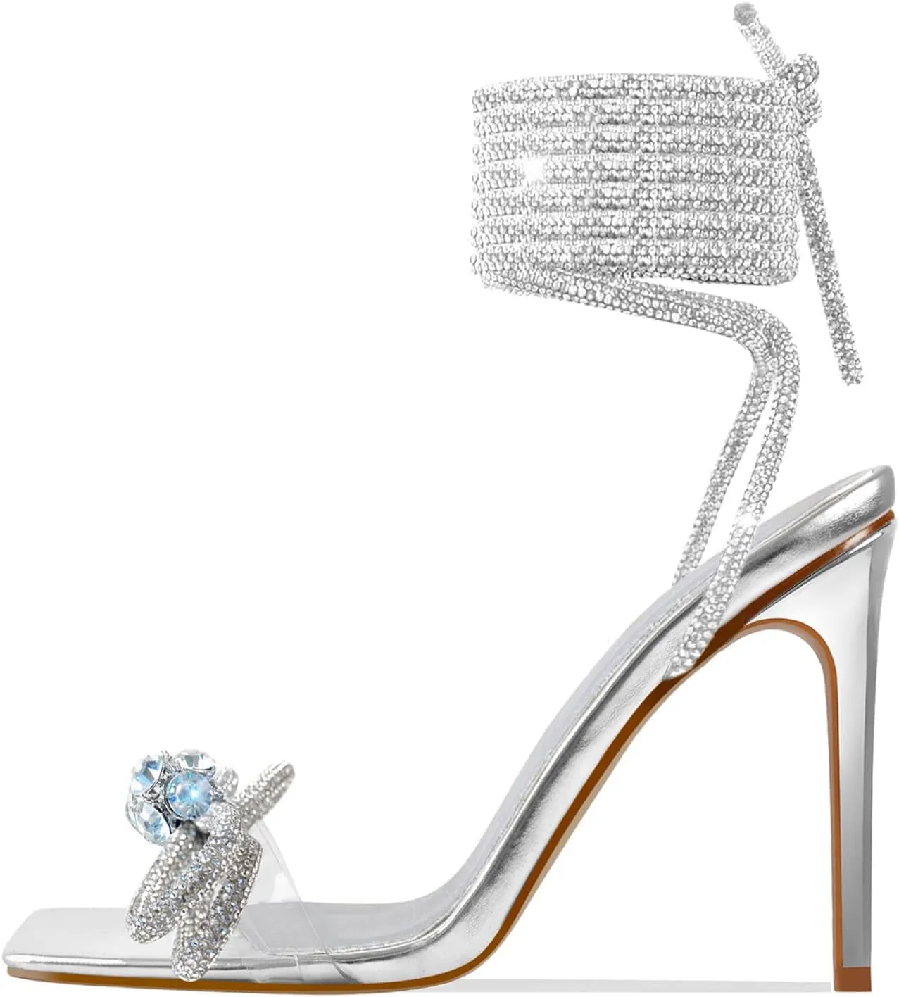 Women's Square Toe Clear Rhinestone Heels with Crystal Bow