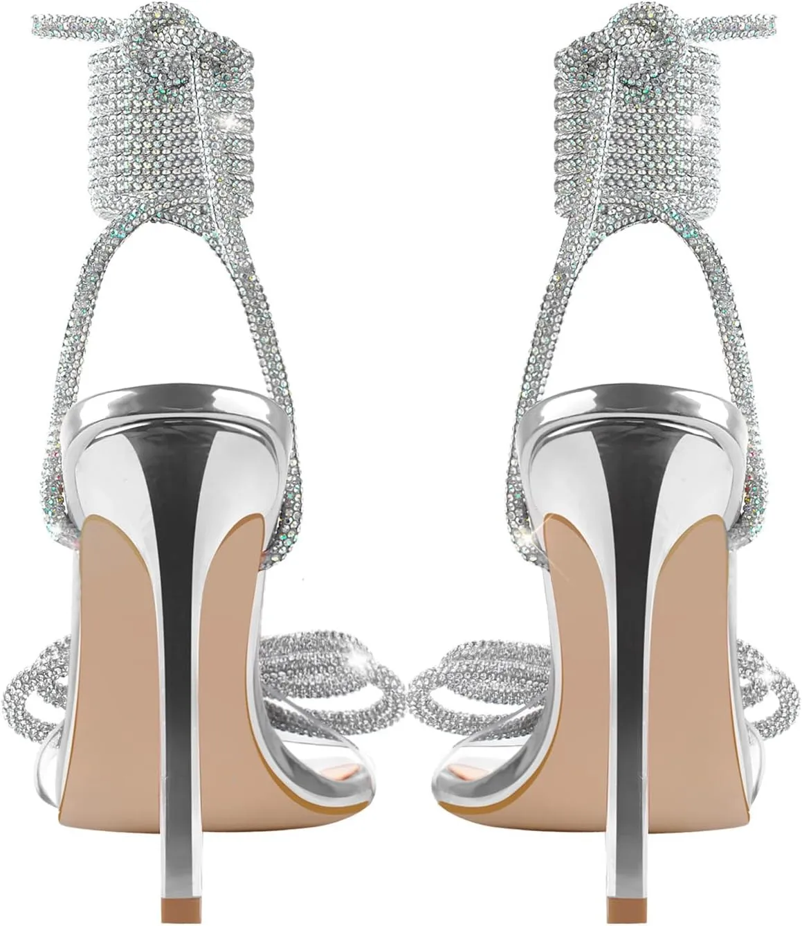 Women's Square Toe Clear Rhinestone Heels with Crystal Bow