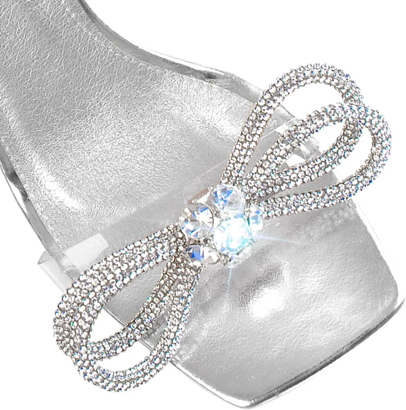 Women's Square Toe Clear Rhinestone Heels with Crystal Bow