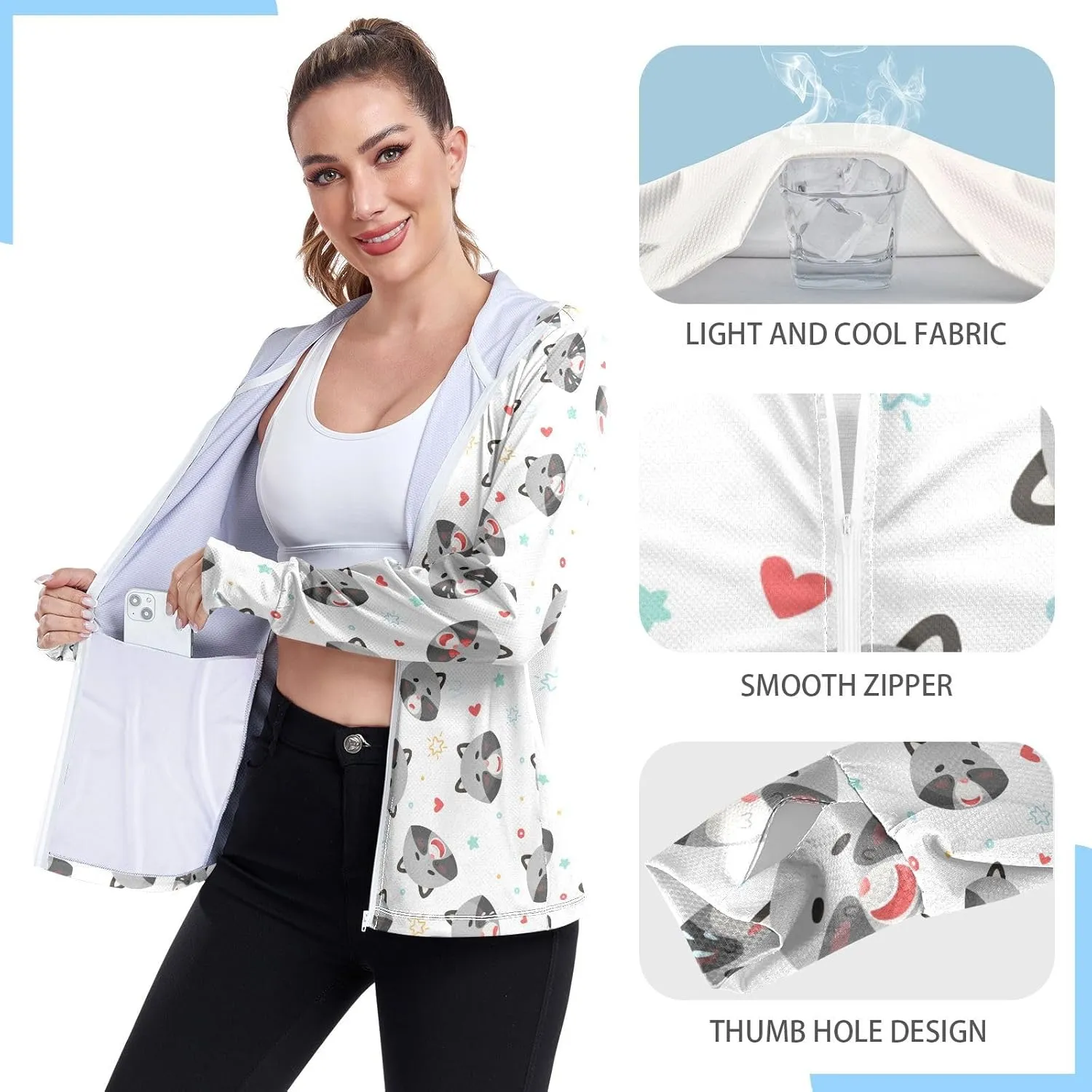 Women'S UPF 50  Uv Sun Protection Clothing Baby Raccoon Zipper Jacket Long-Sleeved Hoodie