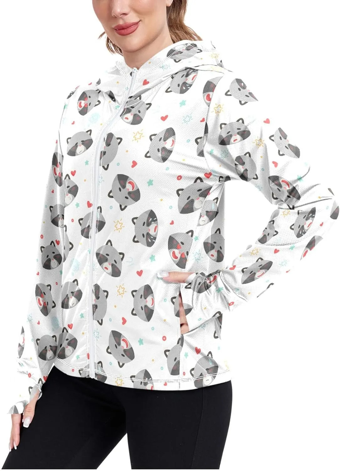 Women'S UPF 50  Uv Sun Protection Clothing Baby Raccoon Zipper Jacket Long-Sleeved Hoodie