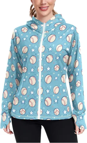 Women'S UPF 50  Uv Sun Protection Clothing Blue Baseball Stars Zipper Jacket Long-Sleeved Hoodie